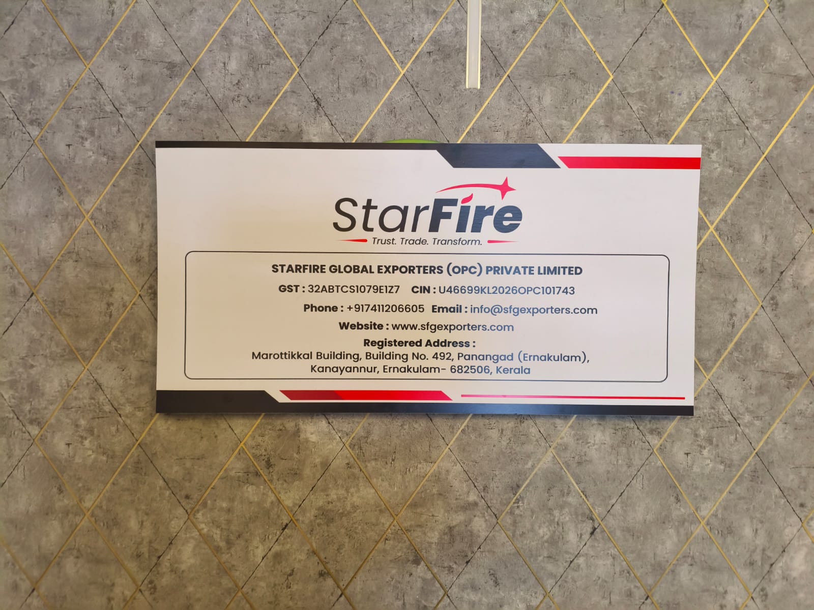 StarFire Global Exporters business nameplate with company details